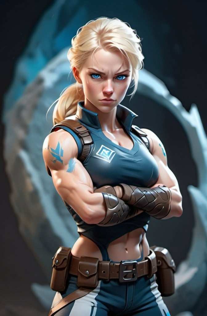 Prompt: Female figure. Greater bicep definition. Sharper, clearer blue eyes. Blonde hair flapping. Frostier, glacier effects. Fierce combat stance. Arms crossed. 