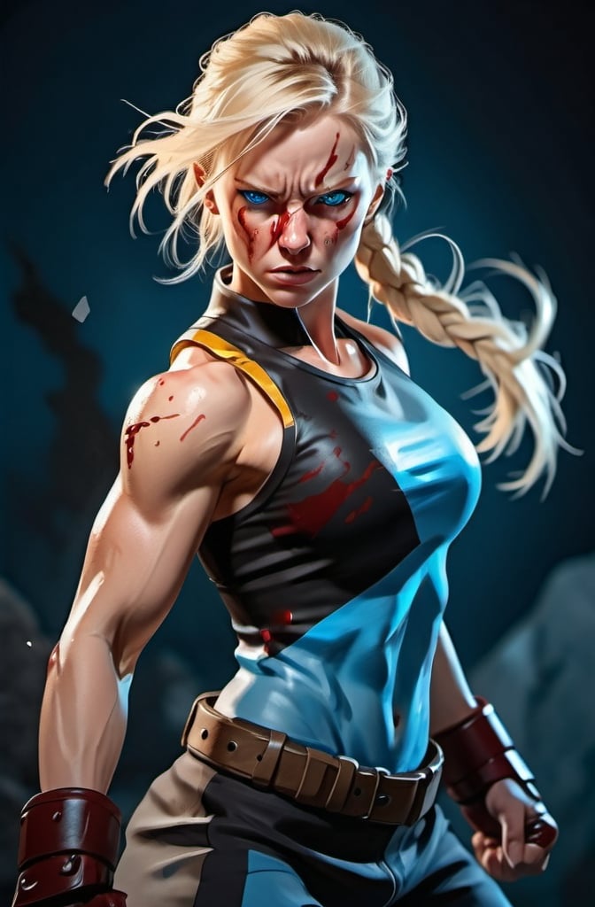 Prompt: Female figure. Greater bicep definition. Sharper, clearer blue eyes. Nose bleed. Blonde hair flapping. Frostier, glacier effects. Fierce combat stance. Raging Fists. 