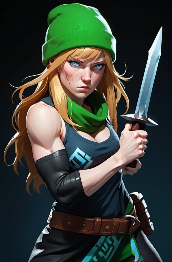 Prompt: Female figure. Greater bicep definition. Sharper, clearer blue eyes. Nosebleed. Long Blonde hair flapping. Frostier, glacier effects. Fierce combat stance. Raging Fists. Icy Knuckles.