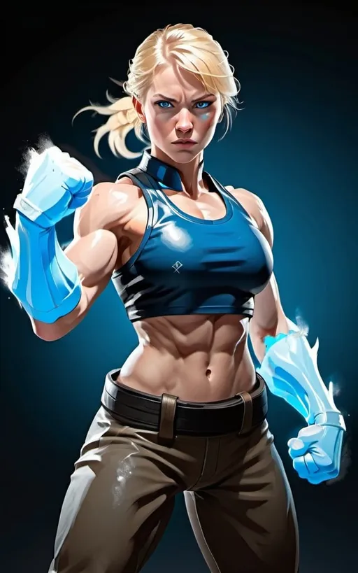 Prompt: Female figure. Greater bicep definition. Sharper, clearer blue eyes. Blonde hair flapping. Frostier, glacier effects. Fierce combat stance. Martial artist. 