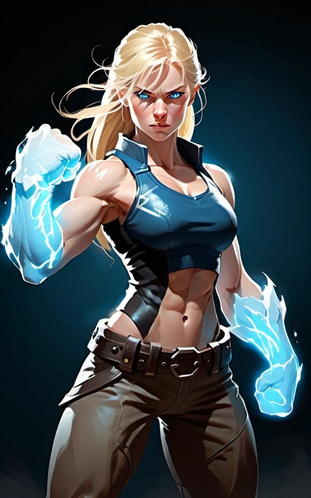 Prompt: Female figure. Greater bicep definition. Sharper, clearer blue eyes. Long Blonde hair flapping. Frostier, glacier effects. Fierce combat stance. Raging Fists.