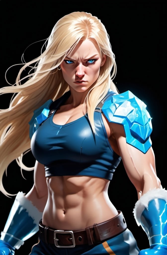 Prompt: Female figure. Greater bicep definition. Sharper, clearer blue eyes. Nosebleed. Long Blonde hair flapping. Frostier, glacier effects. Fierce combat stance. Raging Fists. Icy Knuckles. 