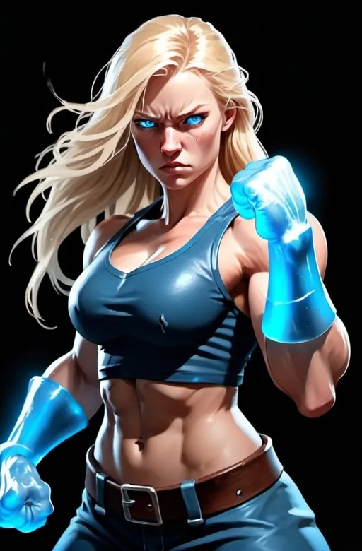 Prompt: Female figure. Greater bicep definition. Sharper, clearer blue eyes. Nosebleed. Long Blonde hair flapping. Frostier, glacier effects. Fierce combat stance. Raging Fists. Icy Knuckles. 