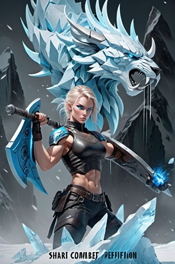 Prompt: Female figure. Greater bicep definition. Sharper, clearer blue eyes.  Frostier, glacier effects. Fierce combat stance. 