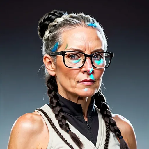 Prompt: Tall Middle-aged white warrior woman with glasses and a black-haired braided ponytail. 