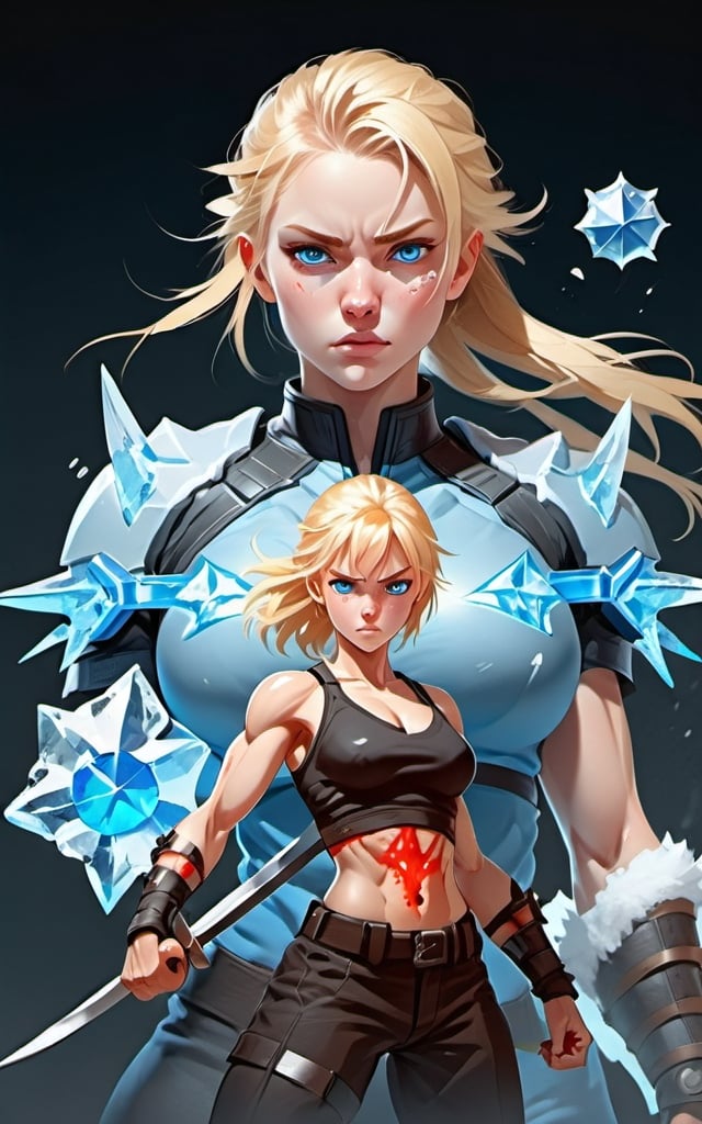 Prompt:  Female figure. Greater bicep definition. Sharper, clearer blue eyes. Blonde hair flapping. Nosebleed. Frostier, glacier effects. Fierce combat stance. Ice Shuriken. 