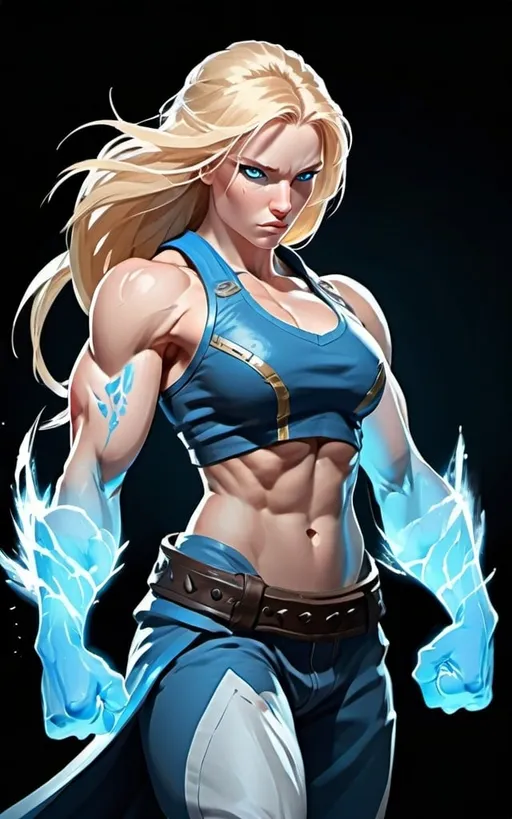 Prompt: Female figure. Greater bicep definition. Sharper, clearer blue eyes. Long Blonde hair flapping. Frostier, glacier effects. Fierce combat stance. Raging Fists.