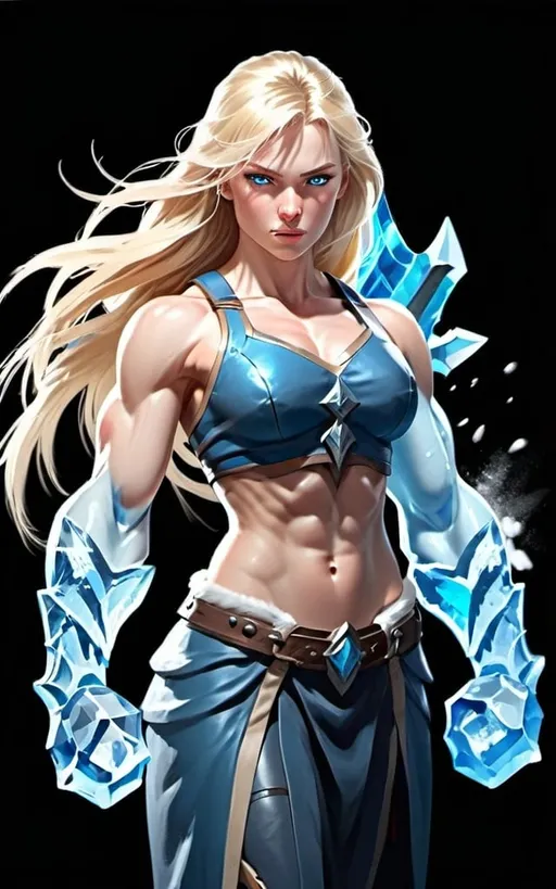Prompt: Female figure. Greater bicep definition. Sharper, clearer blue eyes. Long Blonde hair flapping. Frostier, glacier effects. Fierce combat stance. Ice daggers.