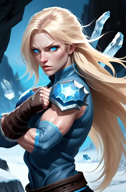 Prompt:  Female figure. Greater bicep definition. Sharper, clearer blue eyes. Nosebleed. Long Blonde hair flapping. Frostier, glacier effects. Fierce combat stance. Raging Fists. Icy Knuckles. 