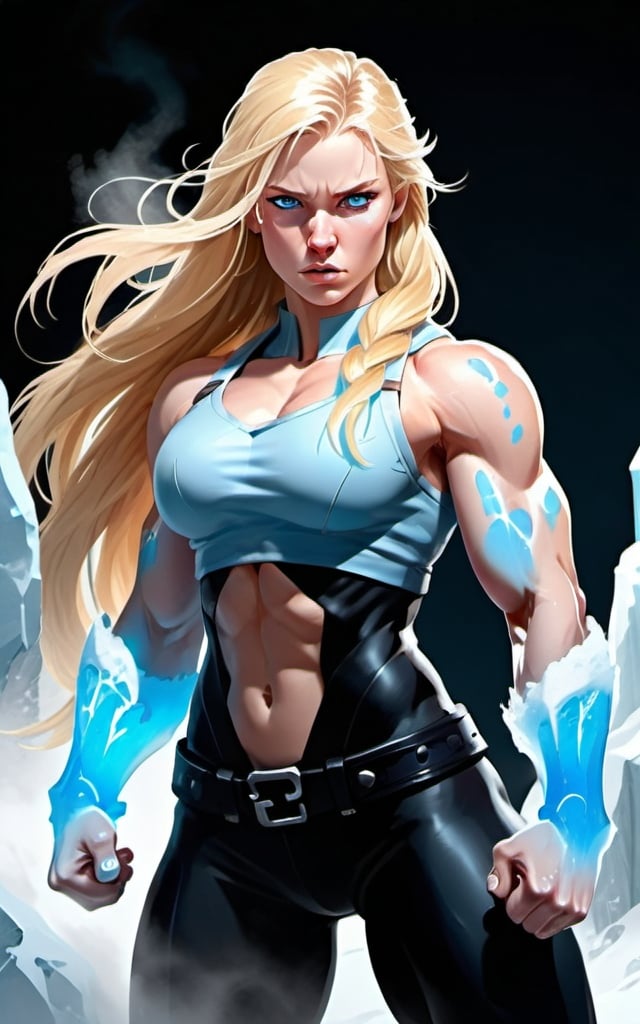 Prompt: Female figure. Greater bicep definition. Sharper, clearer blue eyes. Nosebleed. Long Blonde hair flapping. Frostier, glacier effects. Fierce combat stance. Icy Knuckles. Engulfed in Mist. 