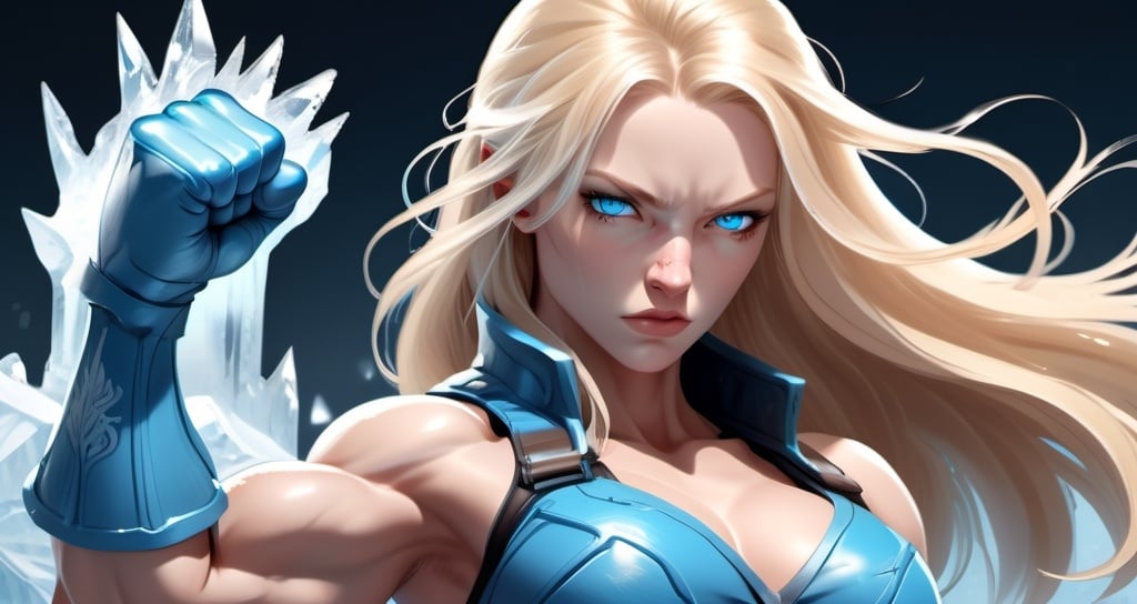 Prompt: Female figure. Greater bicep definition. Sharper, clearer blue eyes. Nosebleed. Long Blonde hair flapping. Frostier, glacier effects. Fierce combat stance. Raging Fists. Icy Knuckles.