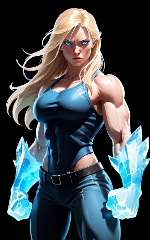 Prompt: Female figure. Greater bicep definition. Sharper, clearer blue eyes. Nosebleed. Long Blonde hair flapping. Frostier, glacier effects. Fierce combat stance. Raging Fists. Icy Knuckles.