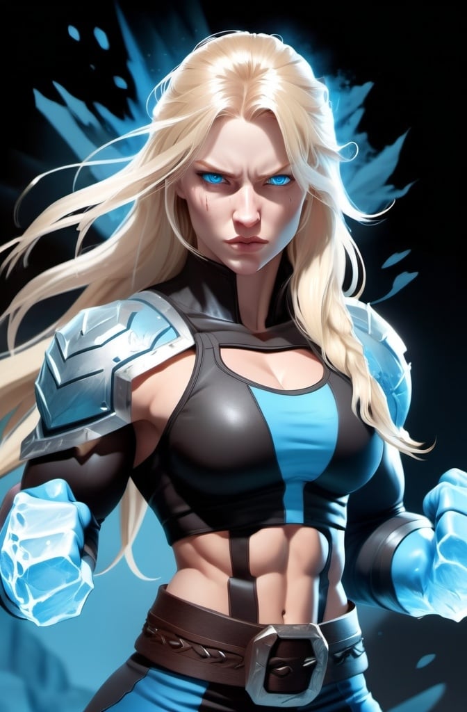 Prompt: Female figure. Greater bicep definition. Sharper, clearer blue eyes. Nosebleed. Long Blonde hair flapping. Frostier, glacier effects. Fierce combat stance. Raging Fists. Icy Knuckles.