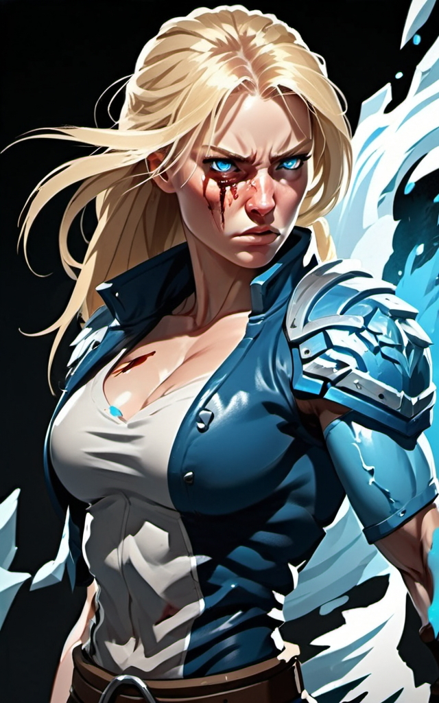 Prompt: Female figure. Greater bicep definition. Sharper, clearer blue eyes. Bleeding. Long Blonde hair flapping. Frostier, glacier effects. Fierce combat stance. Raging Fists.