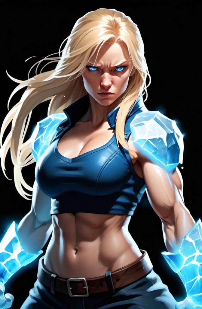 Prompt: Female figure. Greater bicep definition. Sharper, clearer blue eyes. Nosebleed. Long Blonde hair flapping. Frostier, glacier effects. Fierce combat stance. Raging Fists. Icy Knuckles. 