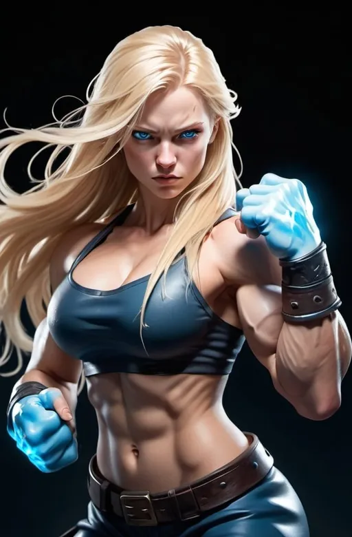 Prompt: Female figure. Greater bicep definition. Sharper, clearer blue eyes. Nosebleed. Long Blonde hair flapping. Frostier, glacier effects. Fierce combat stance. Icy Knuckles.