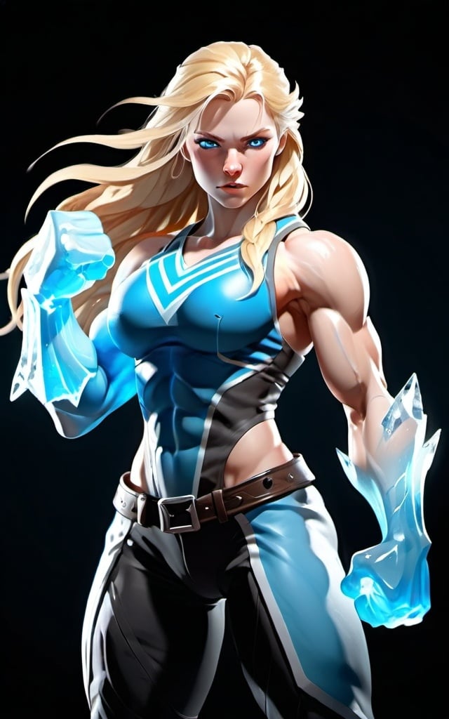 Prompt: Female figure. Greater bicep definition. Sharper, clearer blue eyes. Long Blonde hair flapping. Frostier, glacier effects. Fierce combat stance. Icy Knuckles.