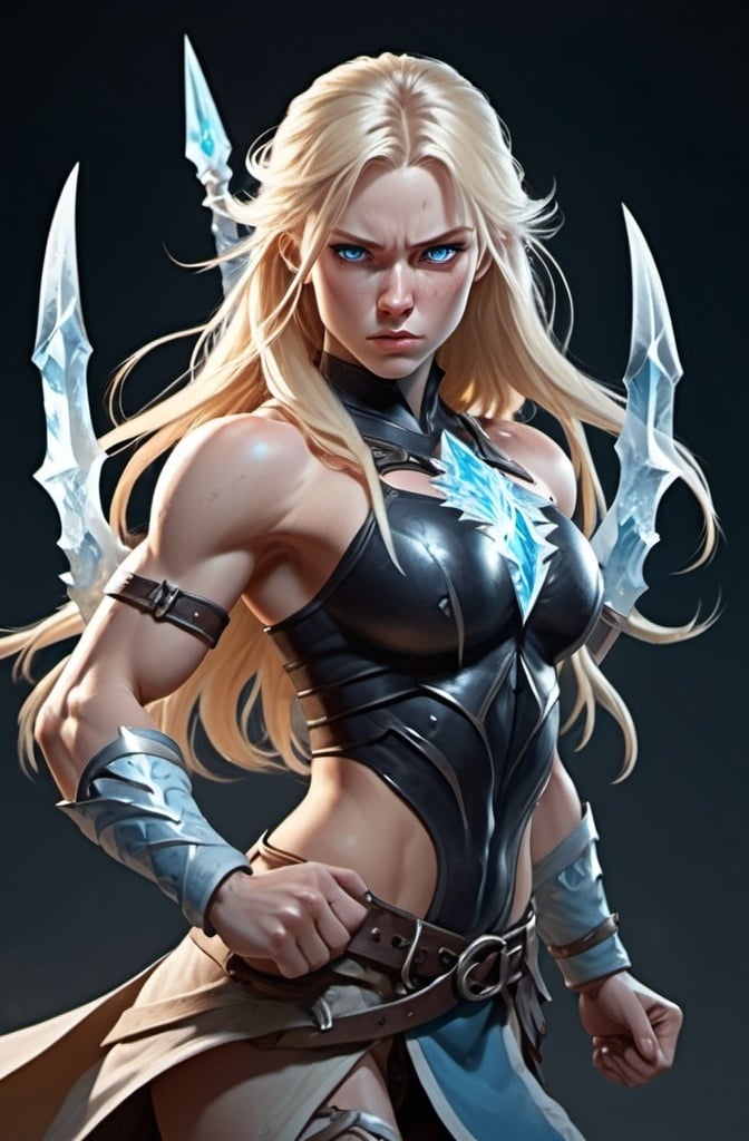 Prompt: Female figure. Greater bicep definition. Sharper, clearer blue eyes. Nosebleed. Long Blonde hair flapping. Frostier, glacier effects. Fierce combat stance. Ice Daggers.