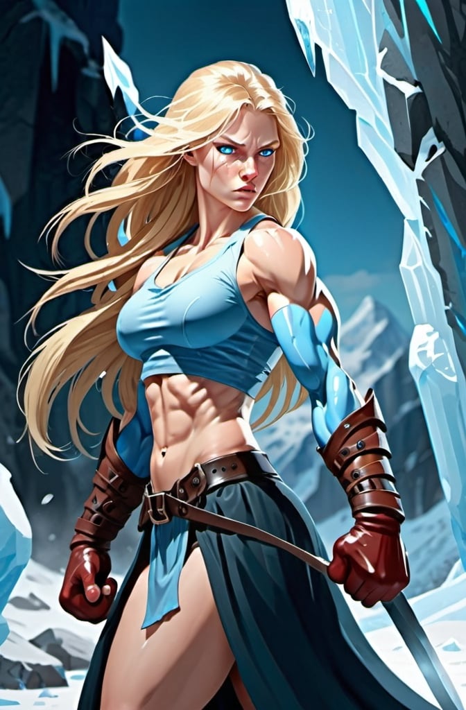 Prompt: Female figure. Greater bicep definition. Sharper, clearer blue eyes. Nosebleed. Long Blonde hair flapping. Frostier, glacier effects. Fierce combat stance. Icy Knuckles.