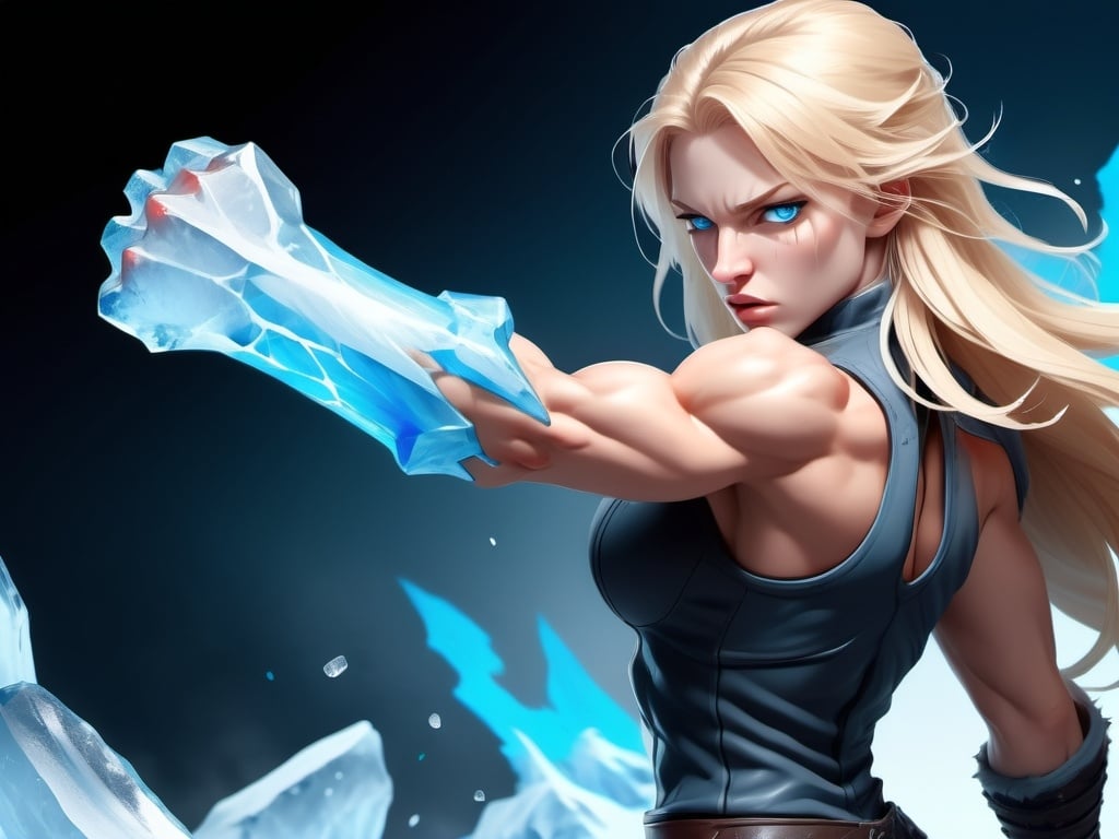 Prompt: Female figure. Greater bicep definition. Sharper, clearer blue eyes. Nosebleed. Long Blonde hair flapping. Frostier, glacier effects. Fierce combat stance. Raging Fists. Icy Knuckles.