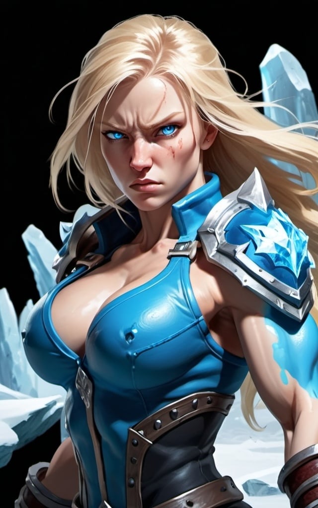 Prompt: Female figure. Greater bicep definition. Sharper, clearer blue eyes. Bleeding. Long Blonde hair flapping. Frostier, glacier effects. Fierce combat stance. Raging Fists. Icy Knuckles.