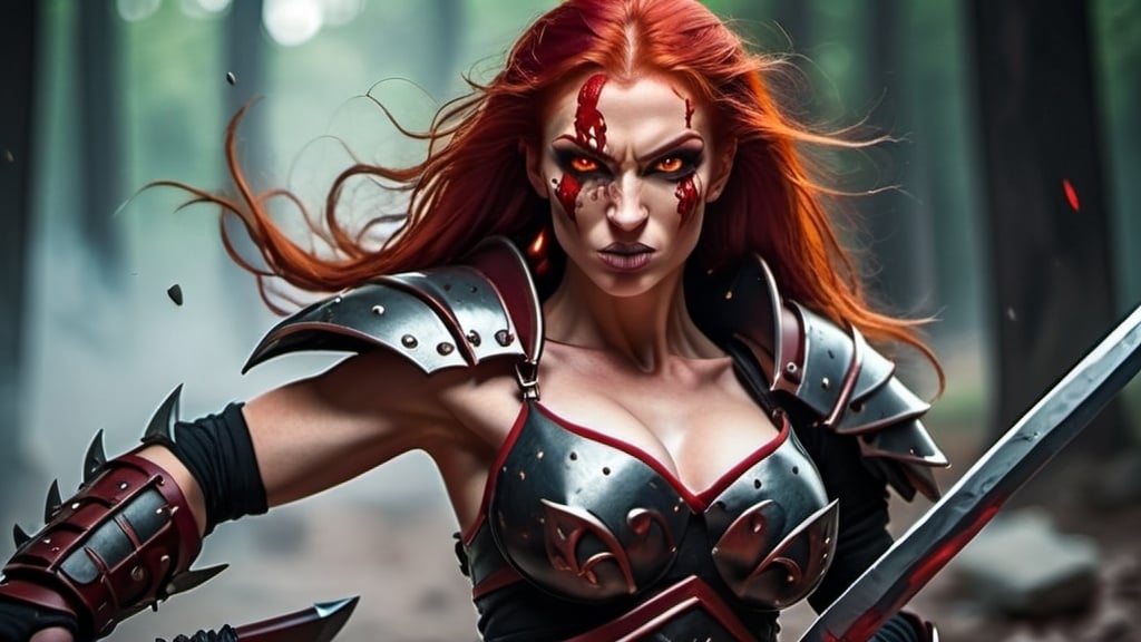 Prompt: Evil red-haired warrior woman with a mischievous grin. Carmine, red eyes. Fierce combat stance.