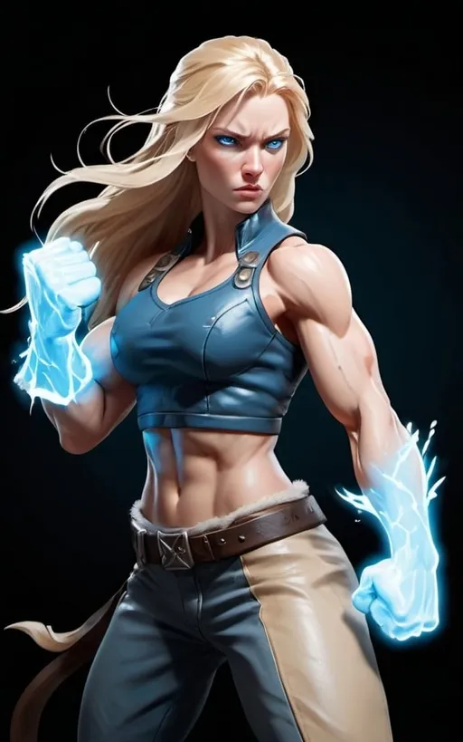 Prompt: Female figure. Greater bicep definition. Sharper, clearer blue eyes. Long Blonde hair flapping. Frostier, glacier effects. Fierce combat stance. Raging Fists.