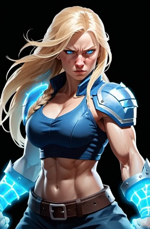 Prompt: Female figure. Greater bicep definition. Sharper, clearer blue eyes. Nosebleed. Long Blonde hair flapping. Frostier, glacier effects. Fierce combat stance. Raging Fists. 