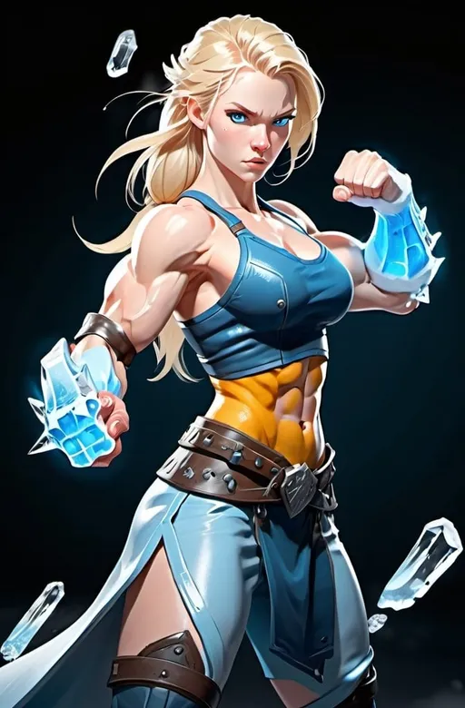 Prompt: Female figure. Greater bicep definition. Sharper, clearer blue eyes. Long Blonde hair flapping. Frostier, glacier effects. Fierce combat stance. Ice Fists.