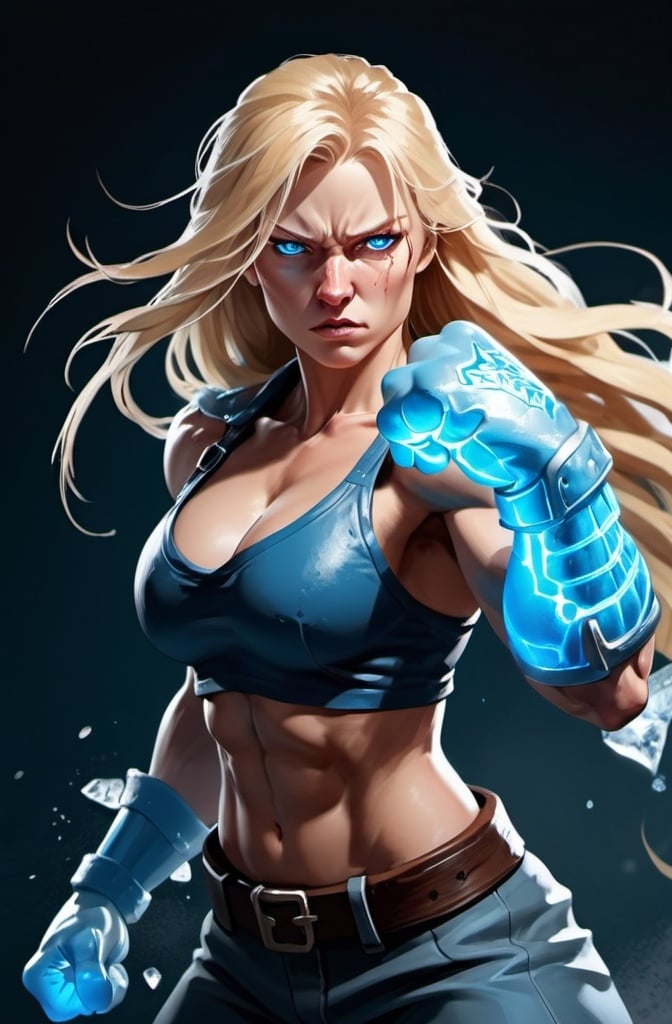 Prompt: Female figure. Greater bicep definition. Sharper, clearer blue eyes. Nosebleed. Long Blonde hair flapping. Frostier, glacier effects. Fierce combat stance. Raging Fists. Icy Knuckles. 