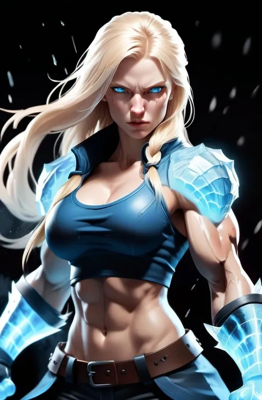 Prompt: Female figure. Greater bicep definition. Sharper, clearer blue eyes. Nosebleed. Long Blonde hair flapping. Frostier, glacier effects. Fierce combat stance. Raging Fists. Icy Knuckles.