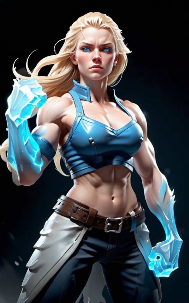 Prompt: Female figure. Greater bicep definition. Sharper, clearer blue eyes. Long Blonde hair flapping. Frostier, glacier effects. Fierce combat stance. Icy Knuckles.