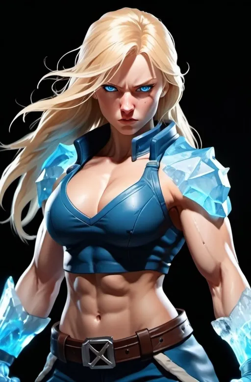 Prompt: Female figure. Greater bicep definition. Sharper, clearer blue eyes. Nosebleed. Long Blonde hair flapping. Frostier, glacier effects. Fierce combat stance. Raging Fists. Icy Knuckles. 