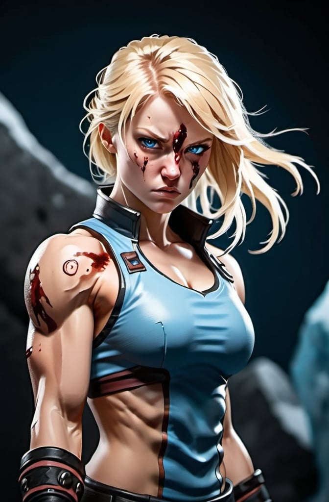 Prompt:  Female figure. Greater bicep definition. Sharper, clearer blue eyes. Blonde hair  flapping. Nose bleed. Frostier, glacier effects. Fierce combat stance. Raging Fists. 