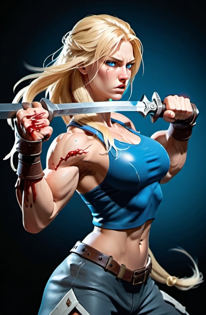 Prompt: Female figure. Greater bicep definition. Sharper, clearer blue eyes. Nosebleed. Long Blonde hair flapping. Frostier, glacier effects. Fierce combat stance. Enraged. 