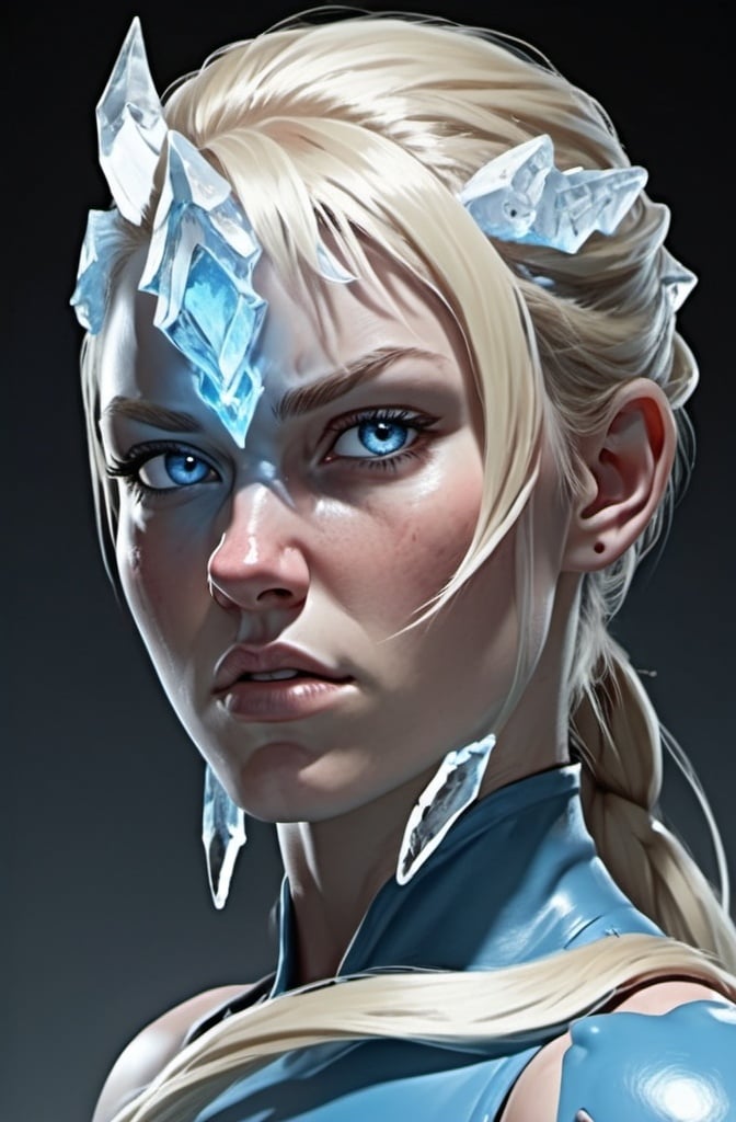 Prompt: Female figure. Greater bicep definition. Sharper, clearer blue eyes. Nosebleed. Long Blonde hair flapping. Frostier, glacier effects. Fierce combat stance. Raging Fists. Icy Knuckles. 