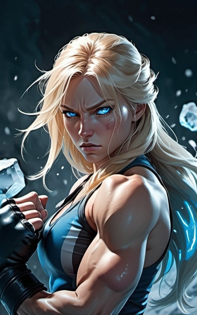 Prompt: Female figure. Greater bicep definition. Sharper, clearer blue eyes. Nosebleed. Long Blonde hair flapping. Frostier, glacier effects. Fierce combat stance. Raging Fists. Icy Knuckles. 