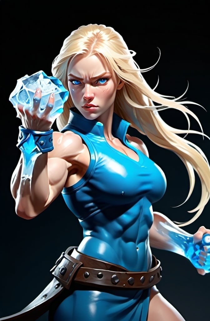 Prompt: Female figure. Greater bicep definition. Sharper, clearer blue eyes. Long Blonde hair flapping. Frostier, glacier effects. Fierce combat stance. Ice Fists.