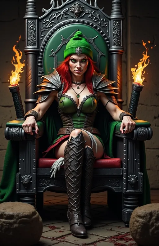 Prompt: @wbV7YKlXTFt2cBPb46HT A powerful female warrior with an evil expression sits regally on an ornate throne, her posture exuding dominance and authority. The throne, intricately carved with dark motifs, looms in a dimly lit chamber, where flickering torches cast dancing shadows across the stone walls. She wears a battle-worn armor adorned with spikes and dark embellishments, contrasting sharply with her flowing, tattered cape that drapes over the throne. Her piercing gaze is fixed forward, with narrowed eyes and a slight smirk hinting at her sinister intentions. The atmosphere is thick with tension, as swirling dust particles catch the torchlight, creating an ominous aura around her.
