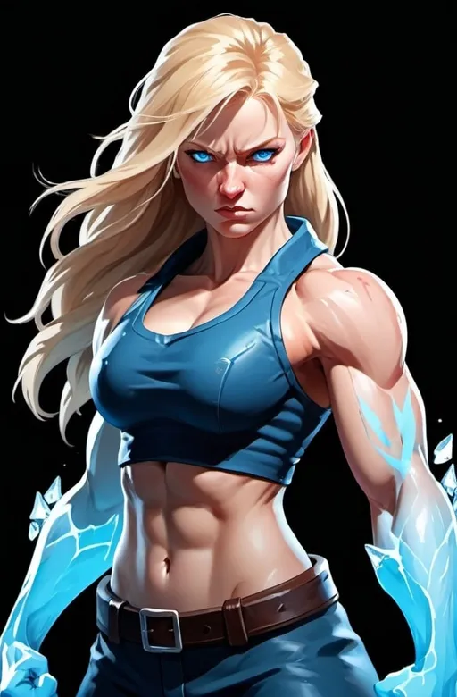 Prompt: Female figure. Greater bicep definition. Sharper, clearer blue eyes. Nosebleed. Long Blonde hair flapping. Frostier, glacier effects. Fierce combat stance. Raging Fists. Icy Knuckles. 