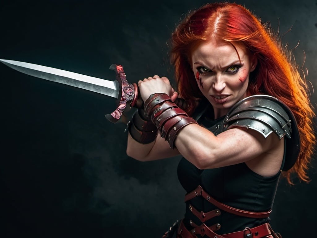 Prompt: Evil red-haired warrior woman with a mischievous grin. Carmine, red eyes. Fierce combat stance.