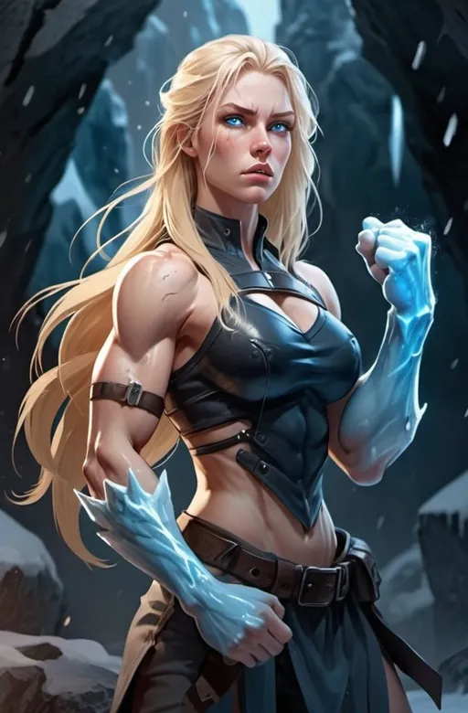 Prompt: Female figure. Greater bicep definition. Sharper, clearer blue eyes. Bleeding. Long Blonde hair flapping. Frostier, glacier effects. Fierce combat stance. Icy Knuckles.