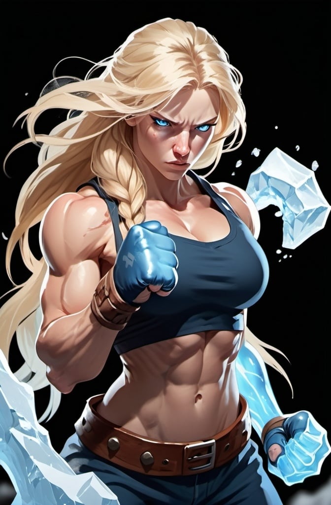 Prompt: Female figure. Greater bicep definition. Sharper, clearer blue eyes. Nosebleed. Long Blonde hair flapping. Frostier, glacier effects. Fierce combat stance. Raging Fists. Icy Knuckles. 