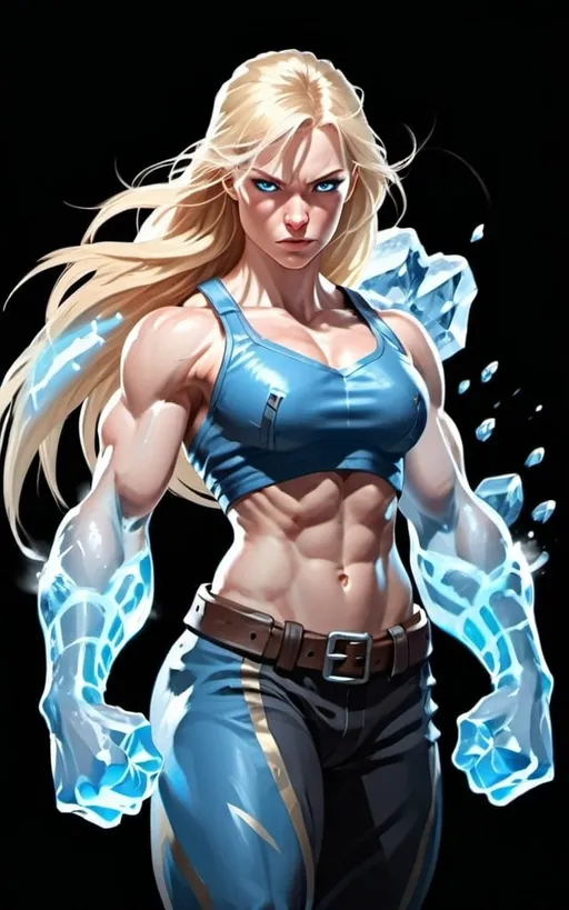 Prompt: Female figure. Greater bicep definition. Sharper, clearer blue eyes. Long Blonde hair flapping. Frostier, glacier effects. Fierce combat stance. Icy Knuckles. Raging Fists.