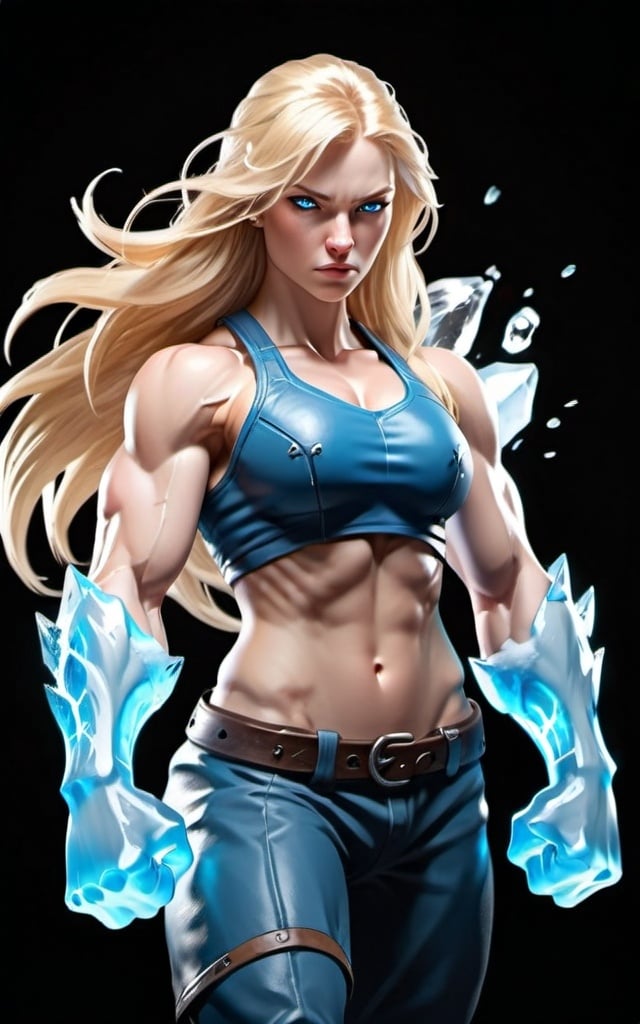 Prompt: Female figure. Greater bicep definition. Sharper, clearer blue eyes. Long Blonde hair flapping. Frostier, glacier effects. Fierce combat stance. Icy Knuckles. Raging Fists.