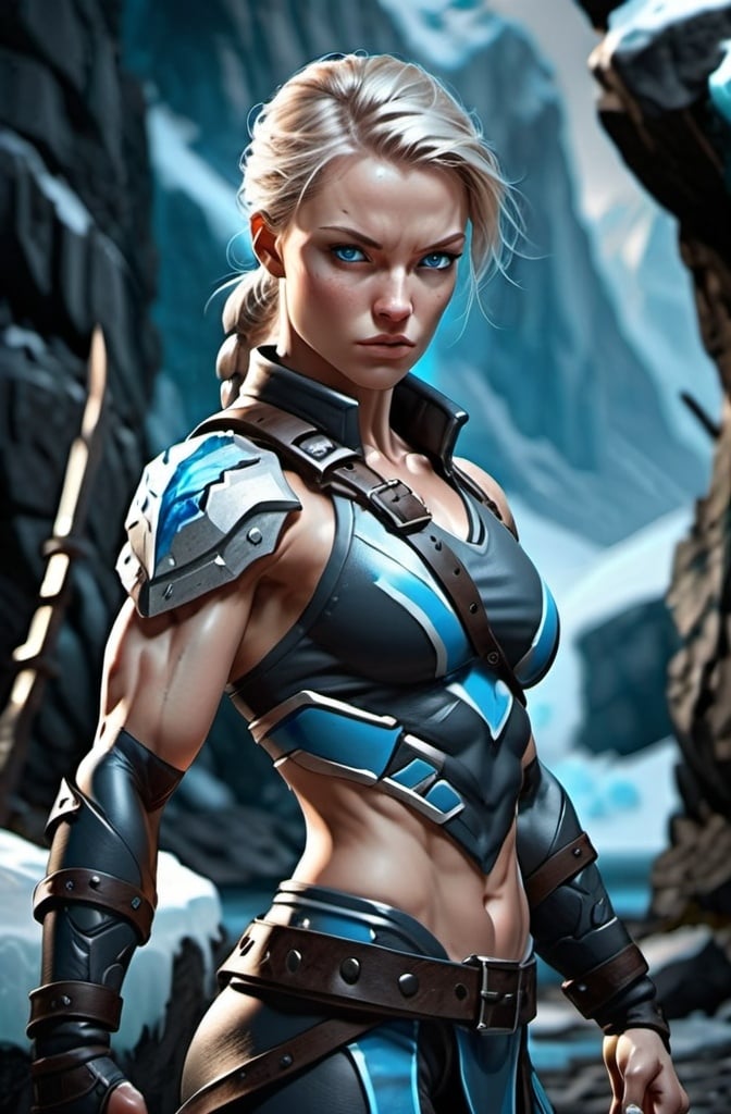 Prompt: Female figure. Greater bicep definition. Sharper, clearer blue eyes.  Frostier, glacier effects. Fierce combat stance. 