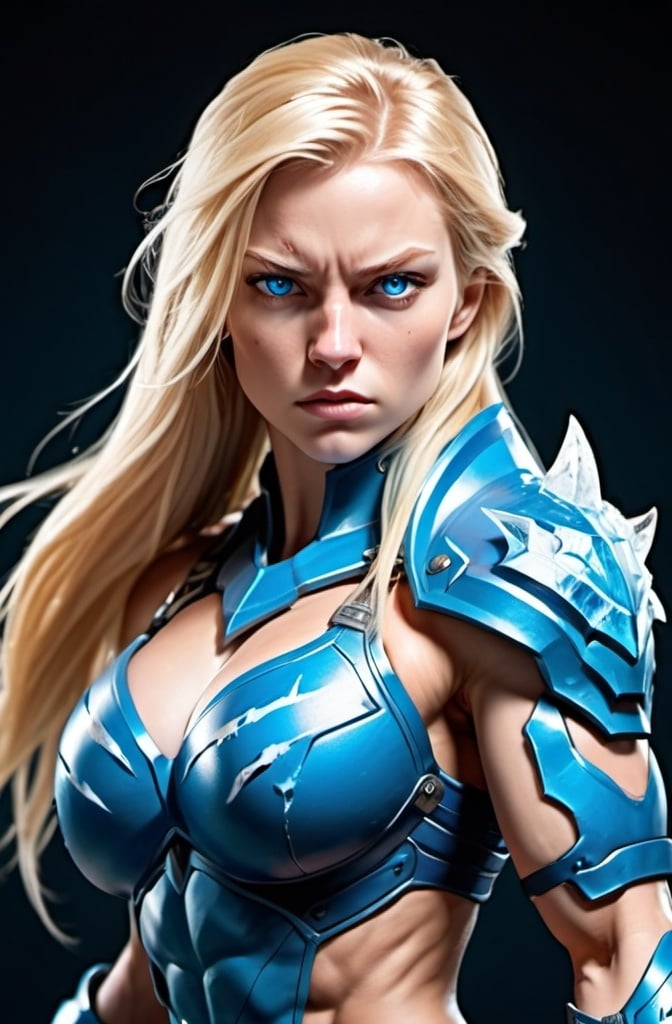 Prompt: Female figure. Greater bicep definition. Sharper, clearer blue eyes. Nosebleed. Long Blonde hair flapping. Frostier, glacier effects. Fierce combat stance. Raging Fists. Icy Knuckles. Blue armor suit.