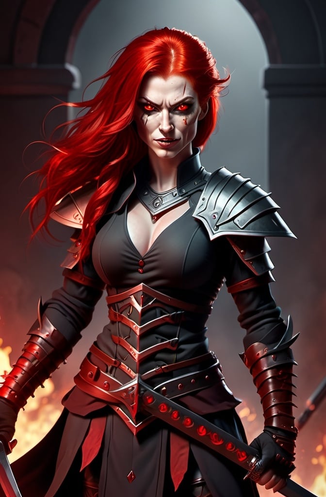 Prompt: Evil red-haired warrior woman with a mischievous grin. Carmine, red eyes. Fierce combat stance.