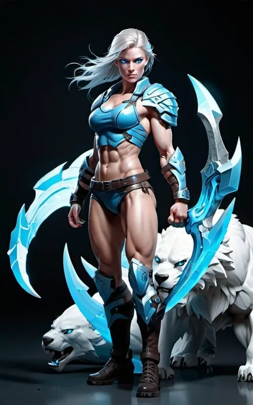 Prompt: Female figure. Greater bicep definition. Sharper, clearer blue eyes.  Frostier, glacier effects. Fierce combat stance. 