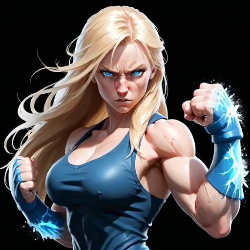 Prompt: Female figure. Greater bicep definition. Sharper, clearer blue eyes. Nosebleed. Long Blonde hair flapping. Frostier, glacier effects. Fierce combat stance. Raging Fists. Icy Knuckles. 